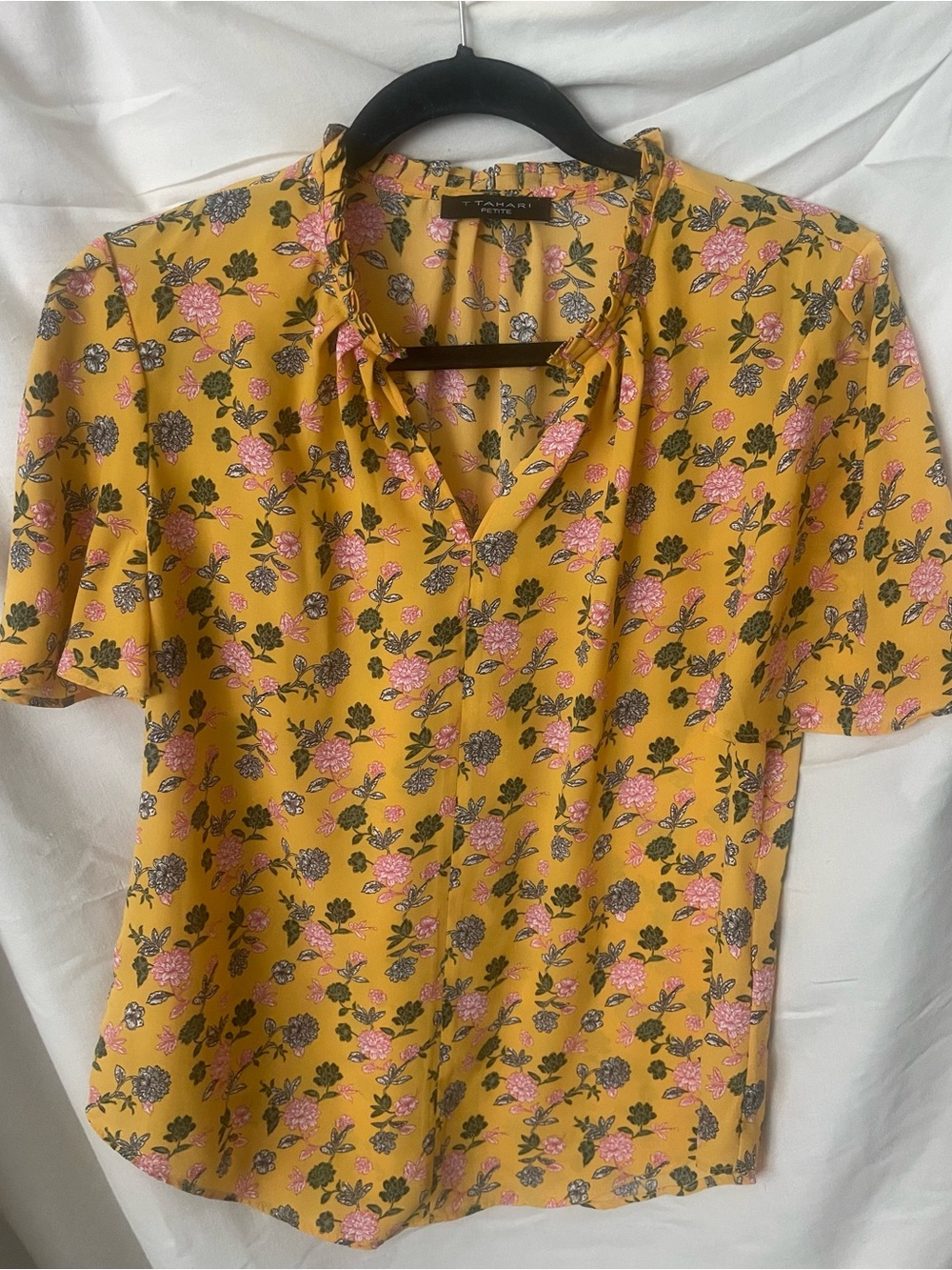 Tahari Yellow Floral Tie-Neck Short Sleeve Blouse
